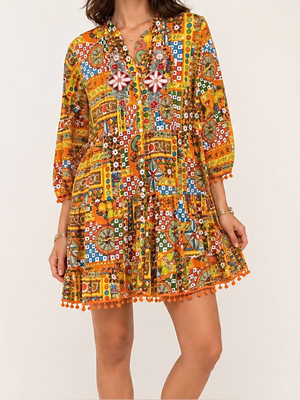 Colori Di Mare Majolica Print Embellished Mini Dress Boho Tassel Hem Tunic - Picture 3 of 13